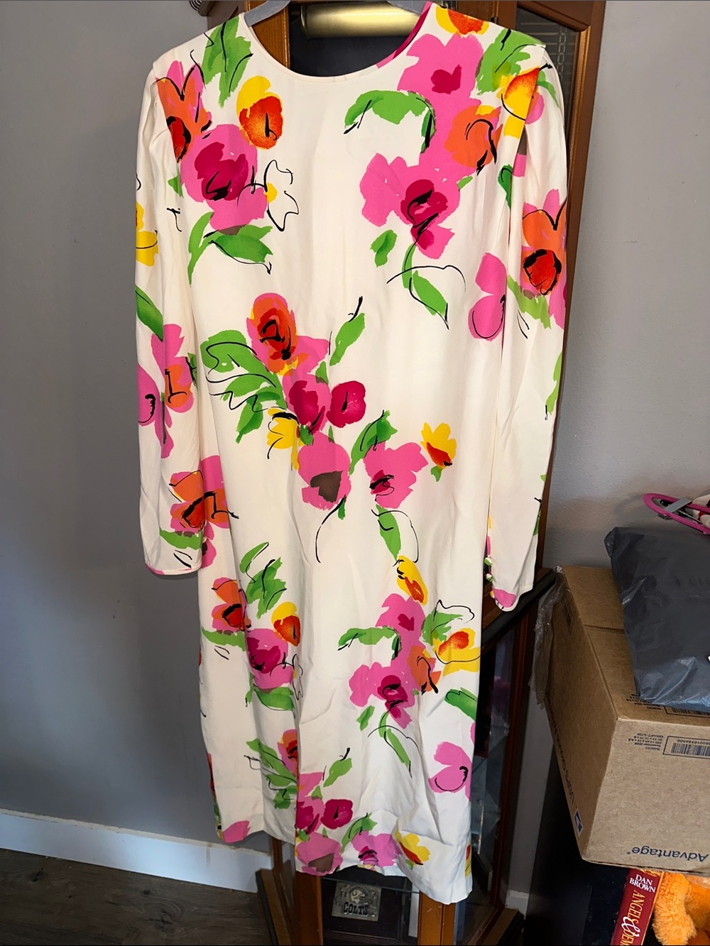 Long Sleeve Floral Tie-Waist Midi Dress  Print 100% silk